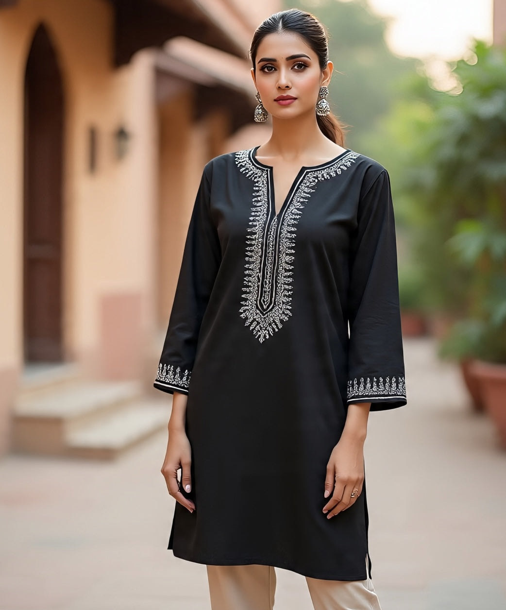 Black embroidered kurti styled with white palazzos