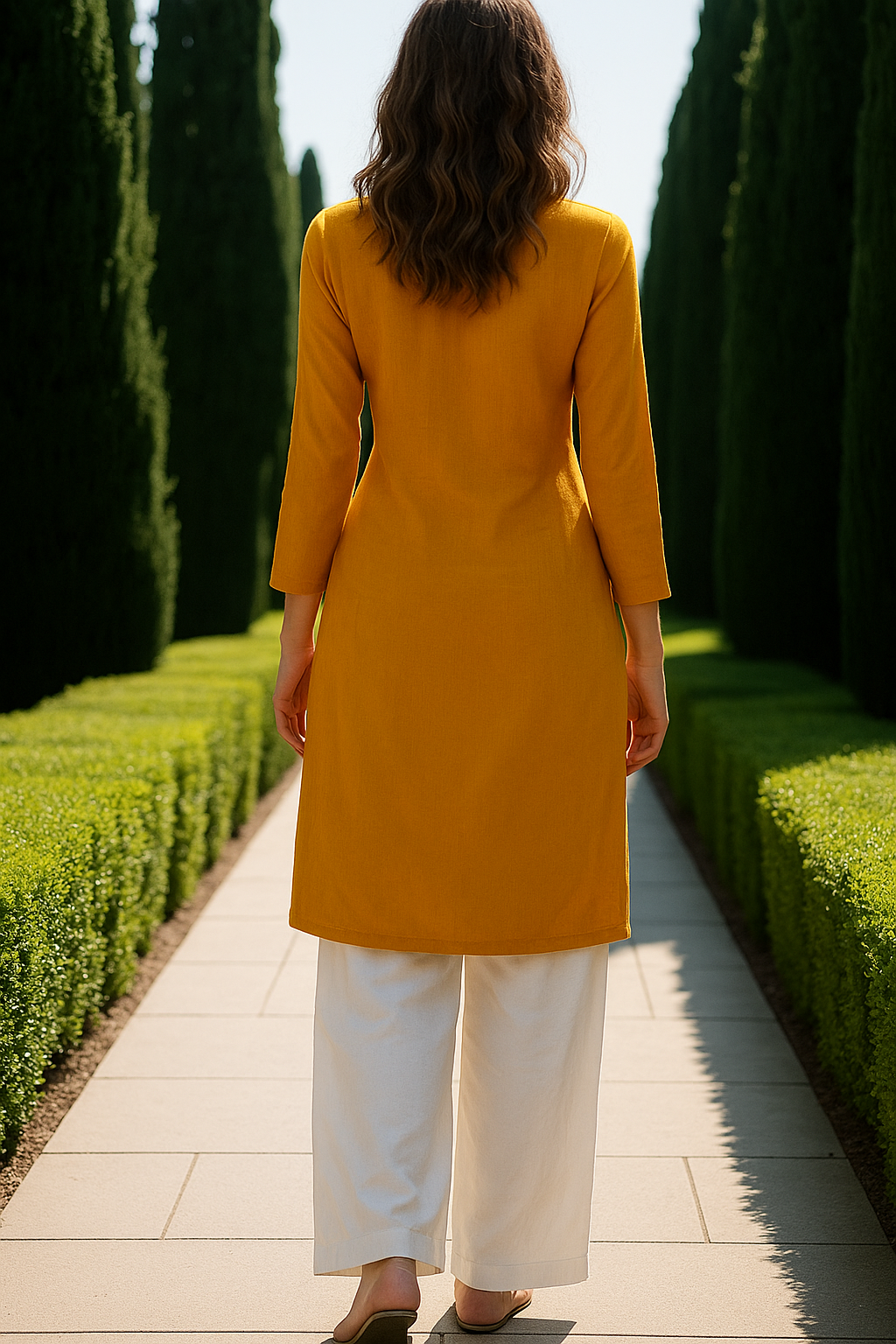 Yellow cotton kurta with gold buttons, round neck and 3/4 sleeves – perfect for everyday and festive wear by Amaira Wear.