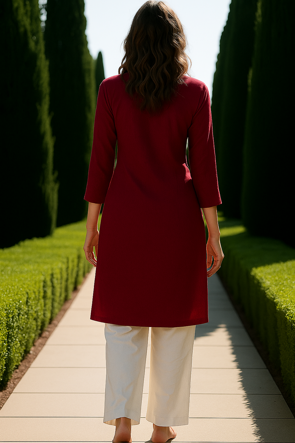 Maroon cotton kurta with gold buttons – elegant 3/4 sleeve ethnic wear for women, breathable cotton fabric by Amaira Wear.