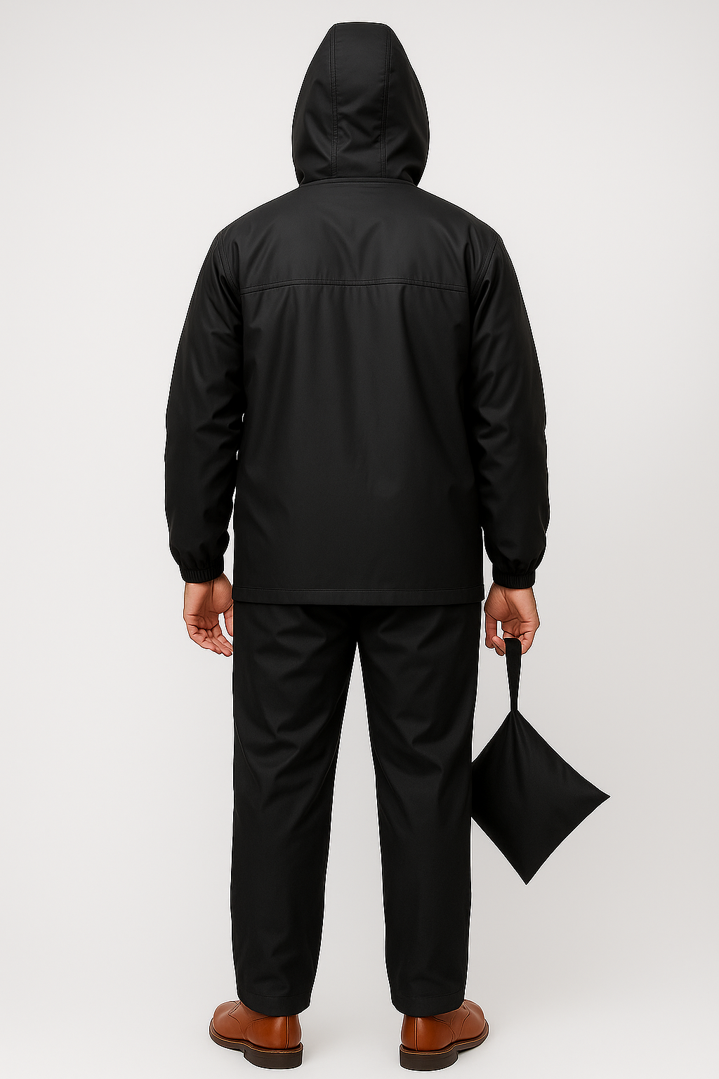 Black men’s waterproof raincoat with hood by Amaira Wears – lightweight windbreaker for outdoor use.