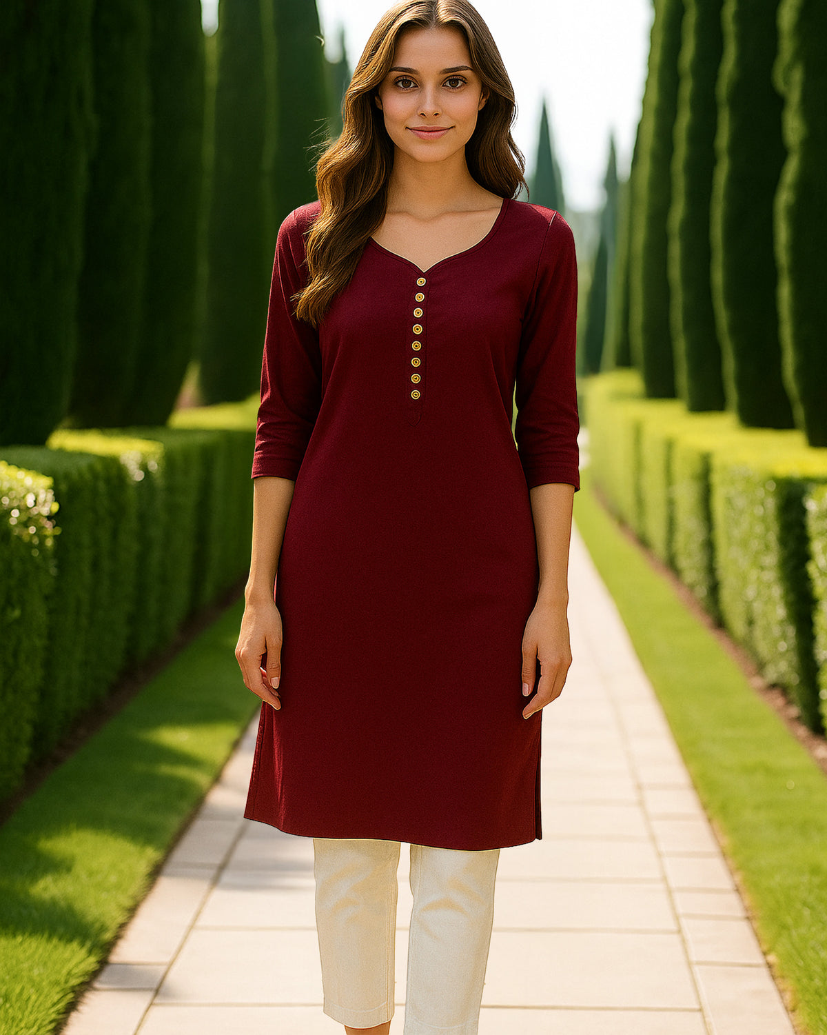 Maroon cotton kurta with gold buttons – elegant 3/4 sleeve ethnic wear for women, breathable cotton fabric by Amaira Wear.