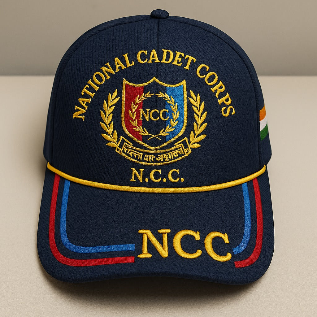 Navy blue NCC cadet cap with embroidered logo, military-style headwear for students and enthusiasts by Amaira Wear