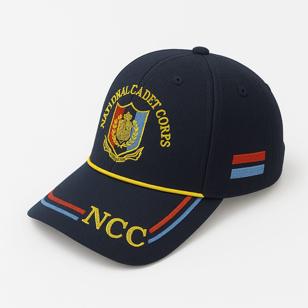 Navy blue NCC cadet cap with embroidered logo, military-style headwear for students and enthusiasts by Amaira Wear