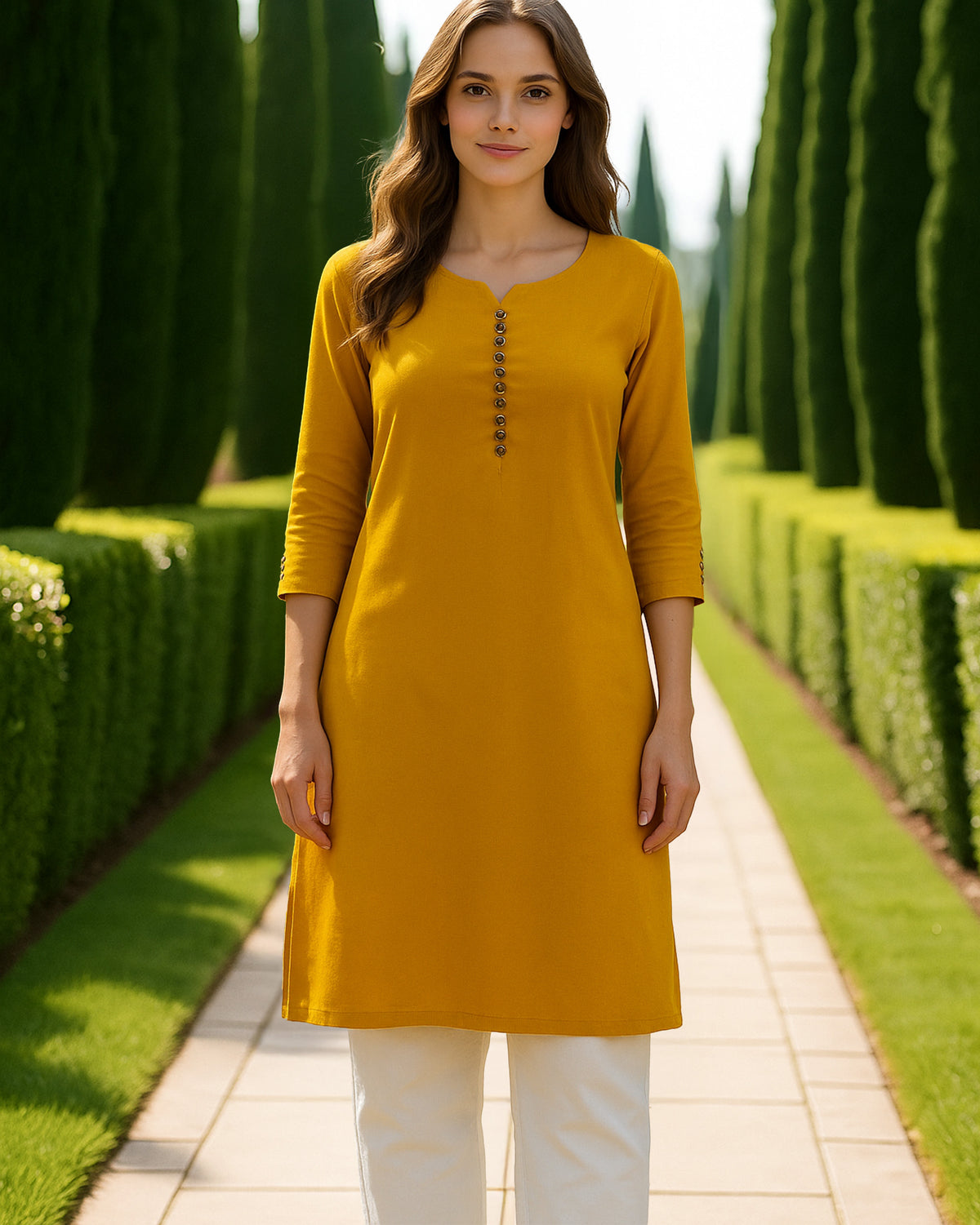 Yellow cotton kurta with gold buttons, round neck and 3/4 sleeves – perfect for everyday and festive wear by Amaira Wear.
